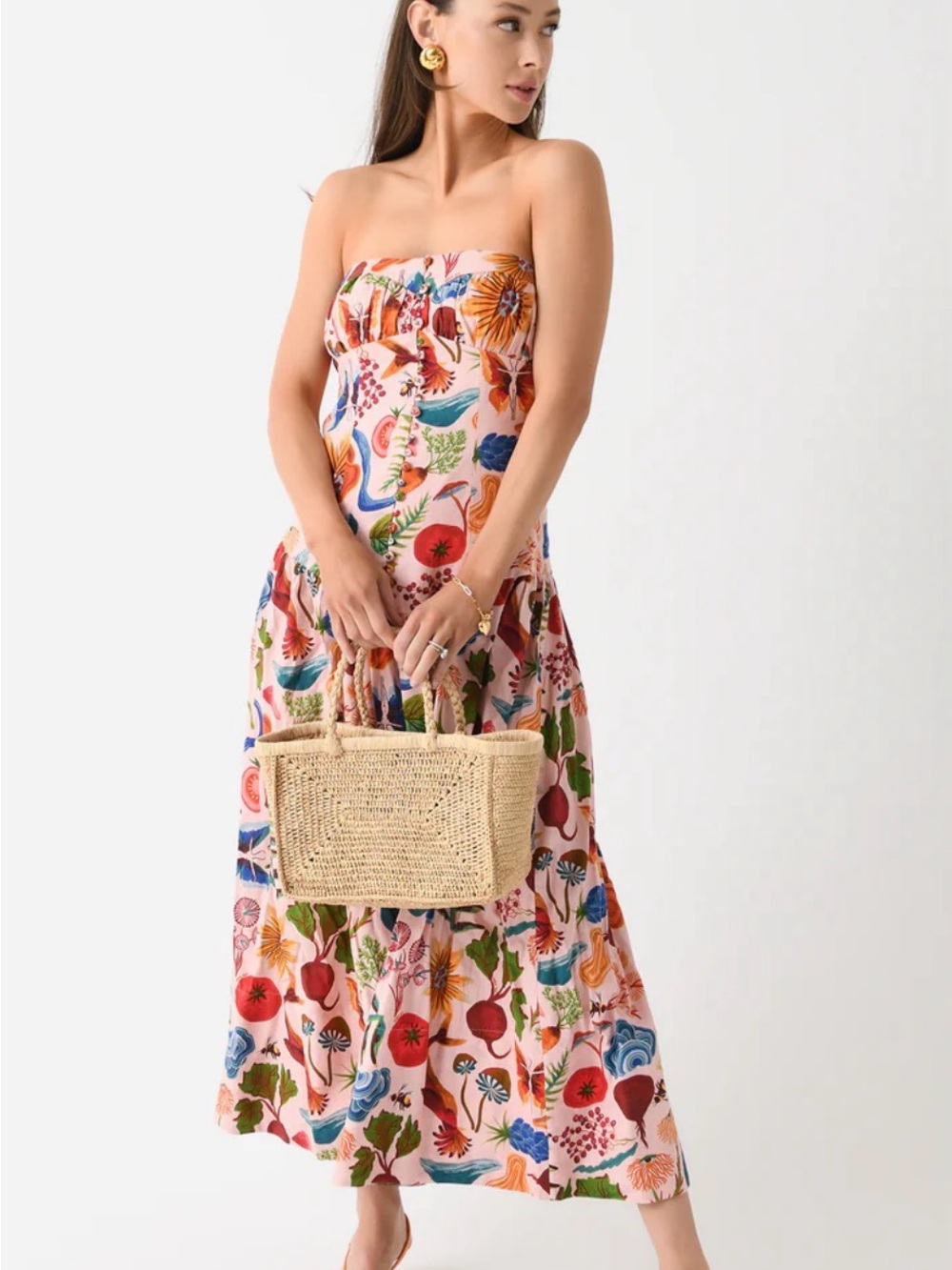 FARM Rio Pink Strapless Midi Dress with Multicolor Botanical Print
